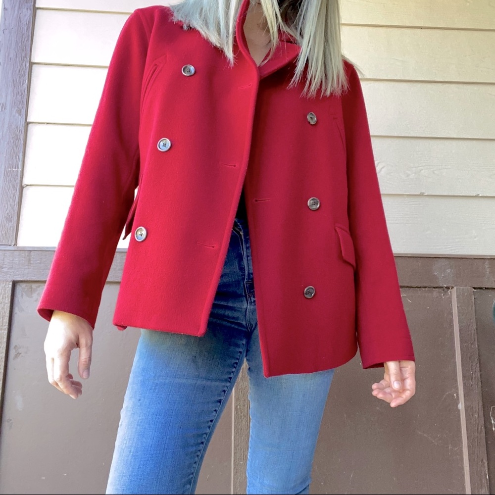 J Crew Double Breasted Short Red Peacoat Medium w/Pockets Dry Cleaned!